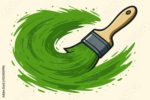Paintbrush drawing a dynamic green paint stroke swirl. Concept for creativity, art, craft, and DIY projects. Vector icon for renovation, home improvement, and eco-friendly ideas.