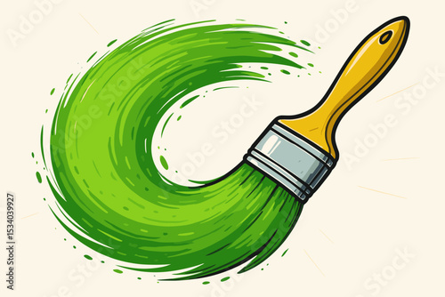 Green paint brush stroke swirl. Painting tool in action making a circle. Concept for art, creativity, house renovation or eco friendly ideas. Sustainable drawing with fresh color splash.