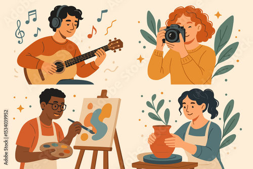 Creative people enjoying artistic hobbies illustration set. Musician playing guitar, photographer with camera, painter with canvas, potter sculpting clay. Concept of art, craft, and creativity.