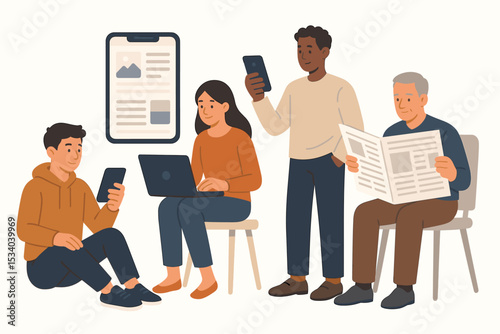 News consumption concept with diverse people. Digital media on smartphone and laptop versus traditional print newspaper. Generational difference in technology and information. Vector.