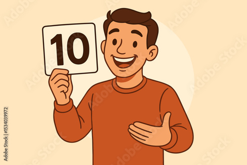 Happy smiling man holding a scorecard with the number 10. Concept for perfect score, customer satisfaction, excellent rating, positive feedback, success and achievement.