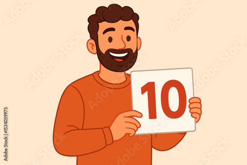 Happy smiling man holding a sign with the number 10. Perfect score concept for customer satisfaction review. Excellent rating and positive feedback. Top evaluation and success.