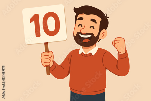 Happy smiling man holding a sign with a perfect score of 10. Concept for customer satisfaction, excellent review, highest rating, success, and achievement. Vector cartoon character.