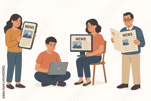 People reading news from various media, digital and traditional. Character set using laptop, tablet, computer, and newspaper. Online journalism vs print press concept illustration.