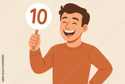 Happy man holding sign with number 10. Perfect score concept. Top rating and excellent service. Customer satisfaction. Positive feedback. Evaluation and review. Best choice. Ten points.