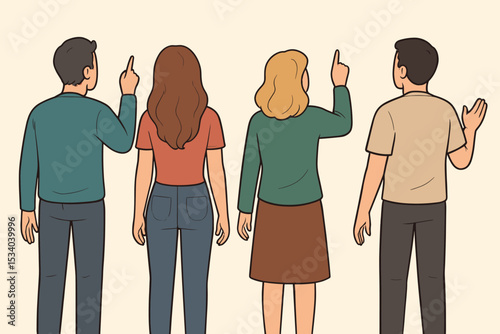 Group of people from behind pointing up, one man waving. Diverse characters showing direction. Rear view of team making a choice or voting. Individuality concept vector.