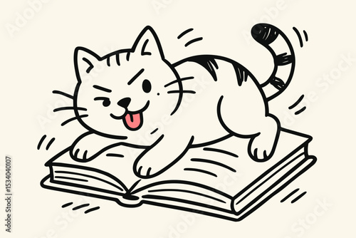 Funny cat on a book vector illustration. Cute playful tabby kitten doodle winking and lying on open book. Concept for reading, education, library, school, vet. Hand-drawn animal.
