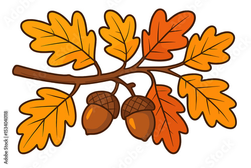 Oak tree branch with autumn leaves and acorns cartoon illustration. Fall seasonal nature concept. Isolated vector graphic element for decoration, design, or harvest festival.