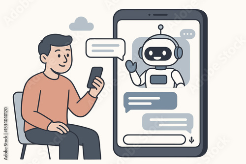 User communicating with AI chatbot on smartphone. Man messaging virtual assistant for customer service or technical support. Friendly robot bot interaction. Future technology concept.
