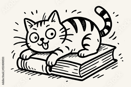 Funny cartoon cat lying on a book. Cute striped tabby kitten with silly face. Hand drawn doodle line art vector. Mascot for library, reading, education or bookstore concept.