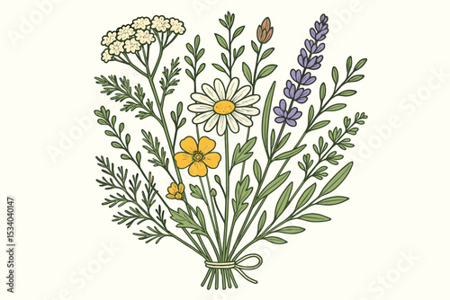 Wildflower bouquet illustration with daisy, lavender, yarrow, and buttercup. Hand-drawn botanical line art. Summer meadow flowers tied in a bundle. Floral vector for greeting cards.