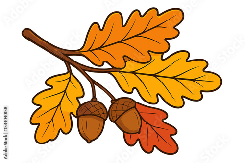 Oak branch with acorns and colorful autumn leaves vector illustration. Cartoon fall foliage isolated on white. Seasonal nature symbol for harvest festival and Thanksgiving design.