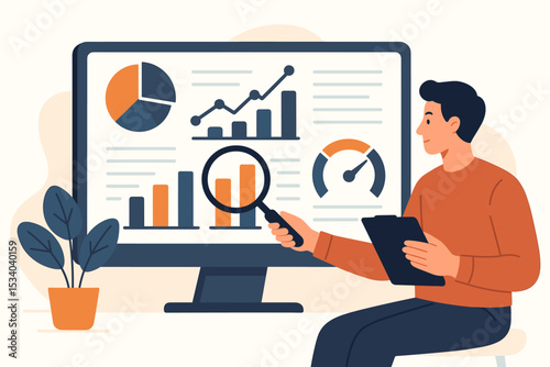Man analyst working on computer with financial data analysis dashboard. Concept of business intelligence, market research, statistics report, audit, and investment strategy.