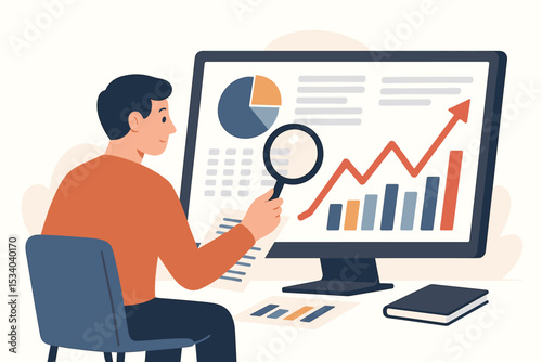 Financial data analysis concept. Businessman with magnifying glass reviewing charts on computer. Market research, business intelligence, statistics, investment growth vector illustration.