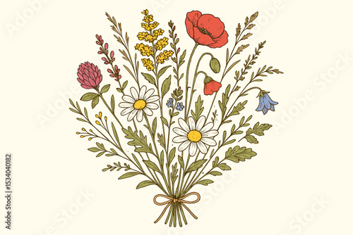 Rustic wildflower bouquet with poppy, daisy, and clover. Vintage hand-drawn botanical vector illustration. Cottagecore floral design of meadow flowers tied with a simple bow.
