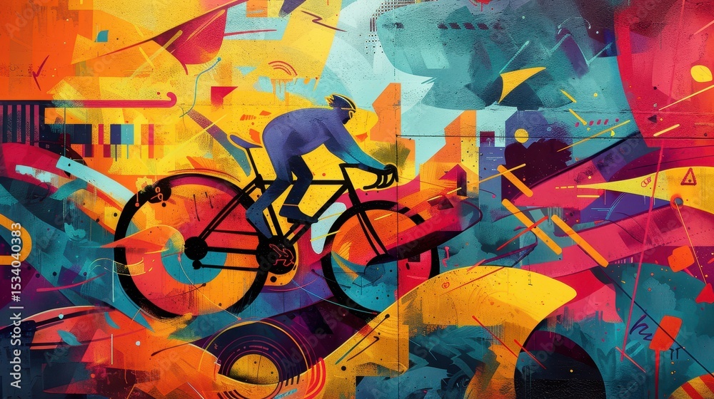 Obraz premium Joyful cyclist exploring nature on a sunny day, promoting active lifestyle and eco-friendly transport.