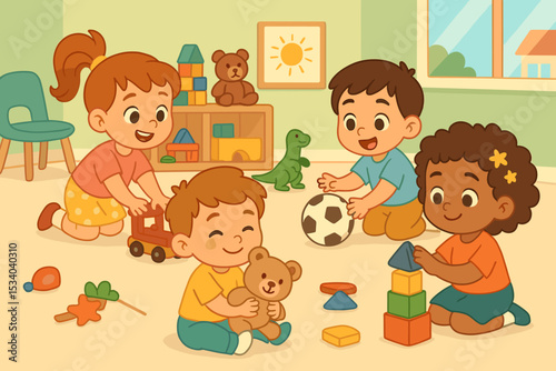 Happy multicultural children playing with toys in kindergarten. Cute diverse kids group in playroom. Early childhood education, friendship, development concept. Vector illustration.