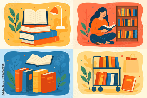 Set of book festival illustrations. Woman reading book near bookshelf. Stack of books with lamp. Library cart with literature. Vector concept for education, knowledge and hobby.