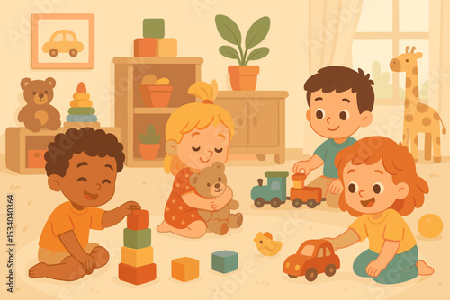 Diverse group of happy children playing together in kindergarten. Kids friendship and playtime fun in a playroom with toys. Early childhood development and education vector illustration.