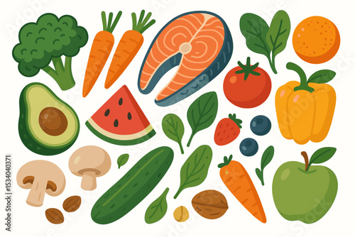 Healthy food collection. Big set of fresh organic produce: fruits, vegetables, salmon steak, nuts. Concept for nutrition, balanced diet, clean eating, grocery, and healthy lifestyle.