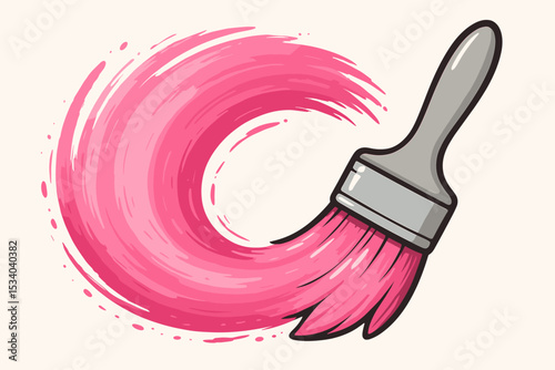 Paintbrush drawing a circular stroke with pink paint. Vector illustration for art and creativity. Swirl paint brush logo element. Decoration and renovation concept isolated.