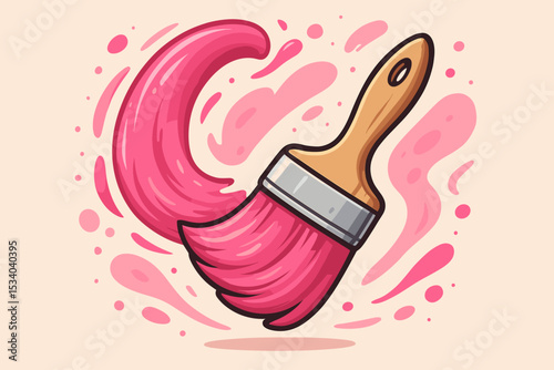 Cartoon paintbrush with pink paint stroke vector illustration. Art and creativity concept. Painter tool with colorful splash and swirl. DIY, renovation, artistic hobby icon, drawing.