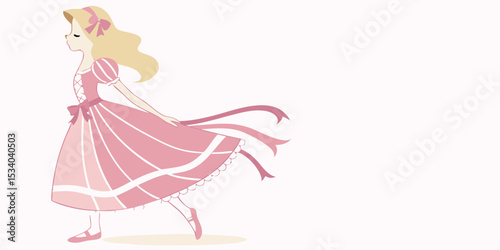Doll in a  pink dress isolated on a white flowery  background vector illustration.
