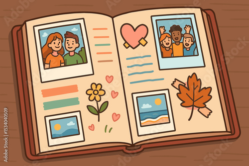Photo album with memories. Scrapbook with pictures of friends, couple, and vacation. Nostalgia concept illustration. Family life moments and love story preserved in a book.
