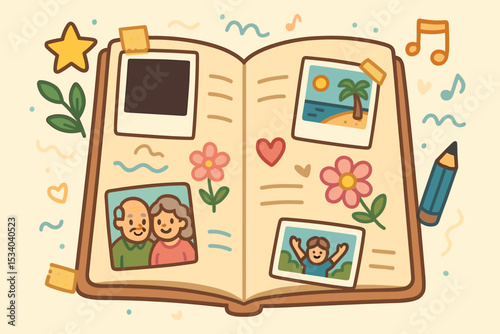 Open photo album with family pictures. Scrapbook concept for preserving sweet memories of life. Photos of grandparents, a child, and a beach vacation. Nostalgia and journaling.