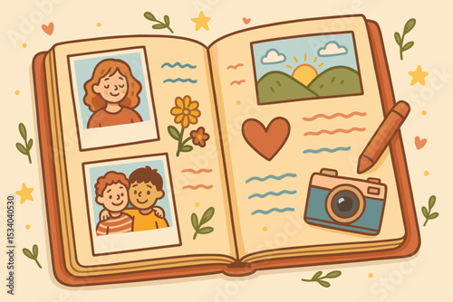 Scrapbook with photo album memories. Nostalgic journal with pictures of family and friends. Vintage camera and pen on open book. Concept of keeping memories and nostalgia.