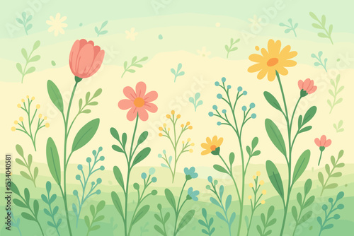 Vector illustration of a blooming spring meadow. Gentle flat design with tulips, daisies, and leaves. Natural garden background for greeting card, invitation, or pattern.