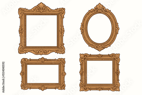 Set of vintage Victorian wooden frames. Ornate baroque collection of decorative borders. Hand-drawn antique picture frame illustration. Classic, elegant retro design elements.