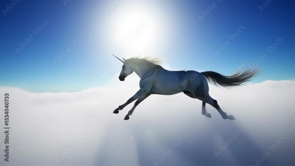 magical unicorn walks on a cloud with a clear sky in the background