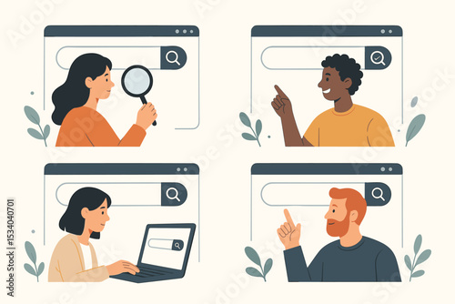 People searching online concept. Set of diverse characters browsing internet with search bar. Man and woman with laptop and magnifying glass look for information. UI search engine vector.