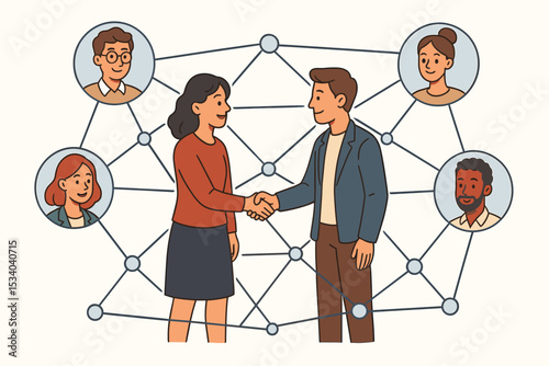 Business networking concept with man and woman shaking hands. Building social connections and professional partnerships. Teamwork, communication, and collaboration in a diverse team.