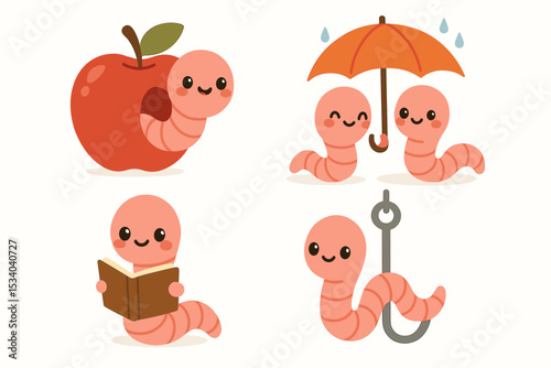 Cute earthworm character vector set. Adorable kawaii cartoon worm mascot collection. Bookworm reading, worm in apple, couple under umbrella in rain, happy bait on a fishing hook.