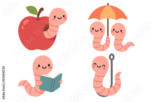 Cute cartoon earthworm character vector set. Adorable kawaii worm collection. Bookworm reading, worm in apple, couple under umbrella, and funny bait on a fishing hook icon.