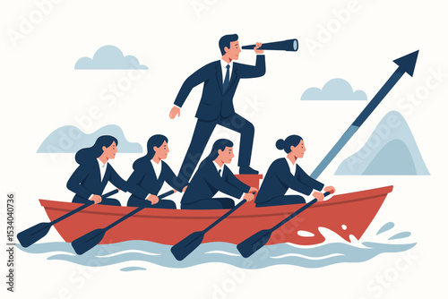 Business leader with a telescope showing vision and direction. Teamwork concept of a business team rowing in a boat. Metaphor for collaboration, corporate strategy, progress, and growth.