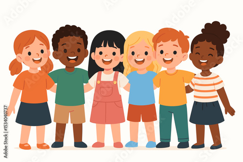 Group of happy diverse children standing together. Multicultural friends, boys and girls. Concept for friendship, unity, inclusion, teamwork and childhood. Cute cartoon vector.