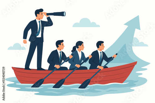 Business teamwork concept. Leader with vision. Team rowing boat towards growth arrow. Metaphor for collaboration, strategy, success. Navigating future opportunities. Corporate goals.
