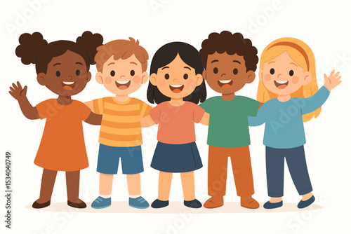 Happy diverse children standing together. Multicultural group of kids, boys and girls. Concept of friendship, unity, diversity and international community. Cute cartoon vector.