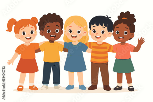 Diverse group of happy children embracing. Multicultural friends, boys and girls, smiling. Concept of friendship, unity, inclusion, and equality. Cute cartoon vector people.