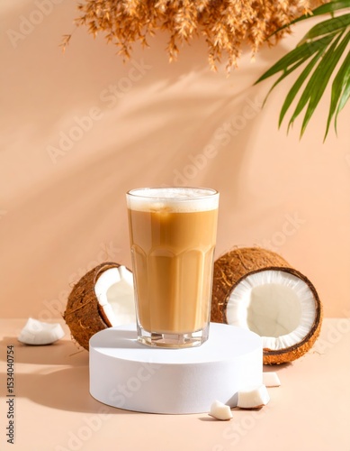 Iced coconut latte on white pedestal, coconut pieces, peach backdrop, soft light, tropical minimal vibe.