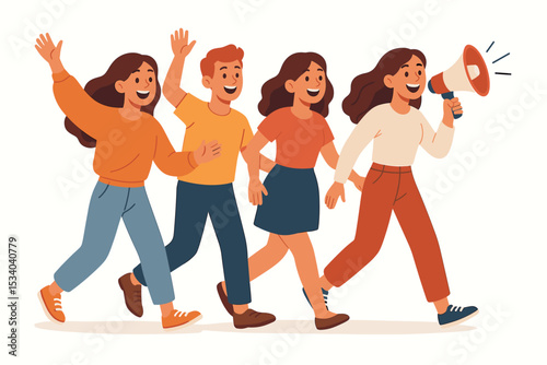 Group of young people walking in a protest march. Woman leader with megaphone making an announcement. Concept of activism, demonstration, teamwork, community, and unity vector.