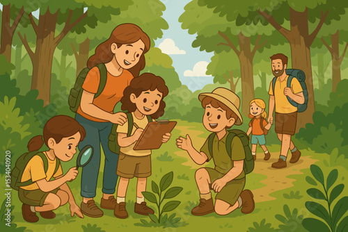 Happy family hiking in the forest. Children exploring nature, studying plants with a magnifying glass and clipboard. Outdoor education, summer camp, scouting, discovery concept. Vector.