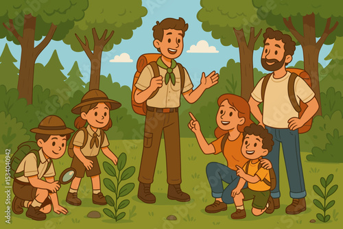 Family forest adventure concept. Parents and kids hiking and exploring nature with a guide. Children in a scout troop learning about plants. Summer camp outdoor activity vector.