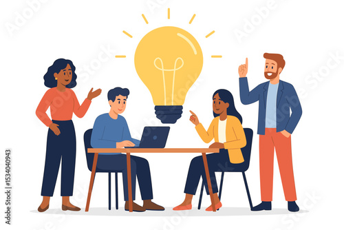 Business team brainstorming session with a big lightbulb. Diverse colleagues collaborating, discussing new ideas. Concept of innovation, teamwork, creativity, and success.