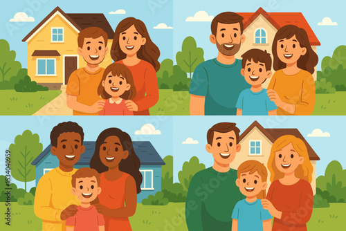Set of happy diverse families in front of their new homes. Multicultural parents and children concept. Home ownership, real estate, property, mortgage, and community illustration.