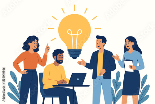 Team brainstorming concept. Business people collaborating on a creative project. Teamwork, discussion, and meeting for success. Lightbulb symbol of new idea, innovation, and solution.