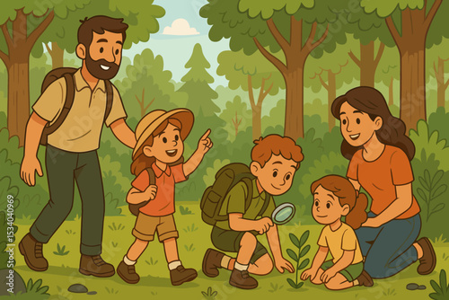 Happy family on a hiking adventure in the forest. Parents and children exploring nature together. Boy discovers a plant with a magnifying glass. Outdoor education and discovery concept.